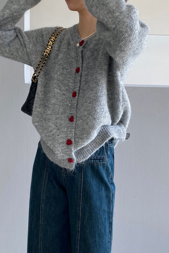 Oversized Heart Button Round Neck Cardigan