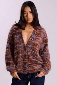 New Retro Fashion Deep V-Neck Maillard Plush Long-Sleeve Knit Cardigan