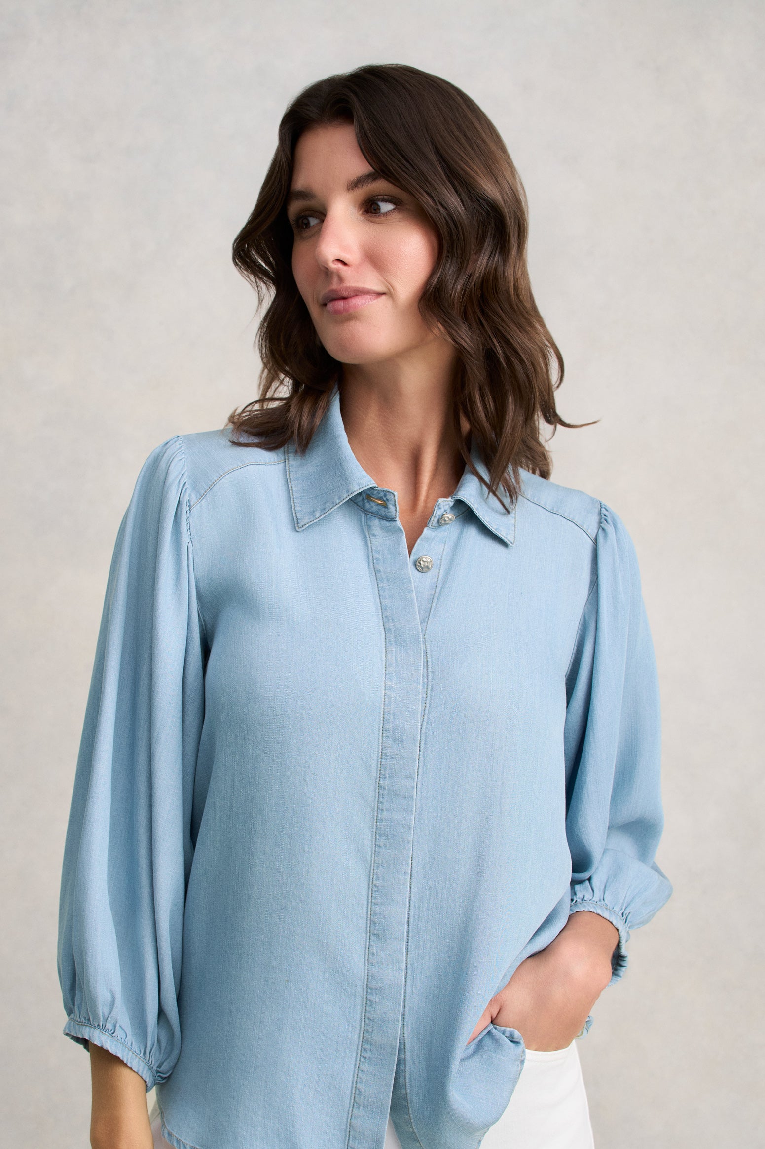 Chambray Puff Sleeve Shirt - Light Chambray