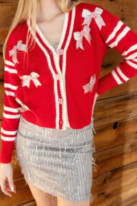 Sweet Bow V Neck Long Sleeve Cardigan