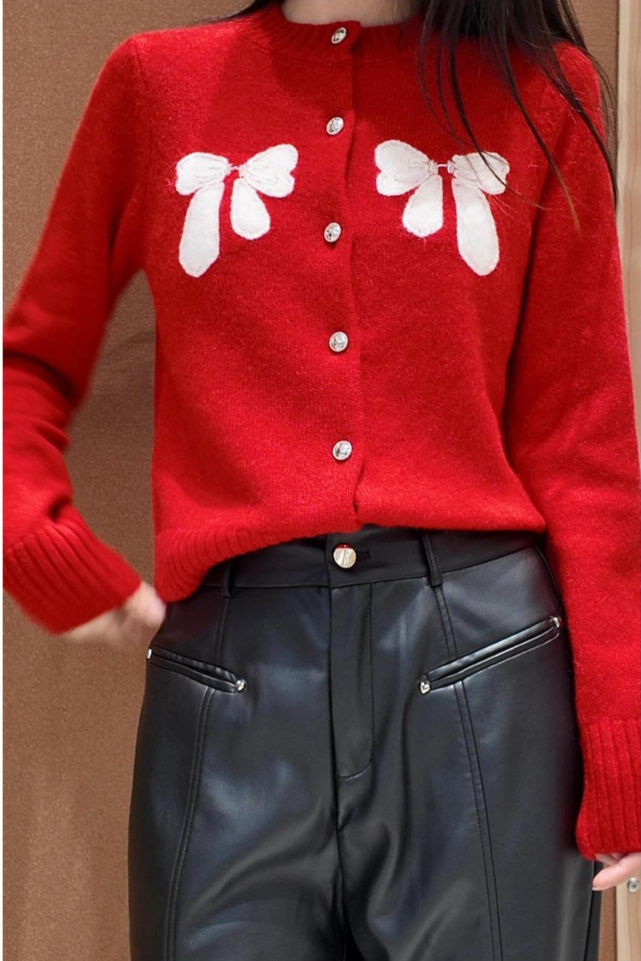Bow Accent Red Knit Cardigan