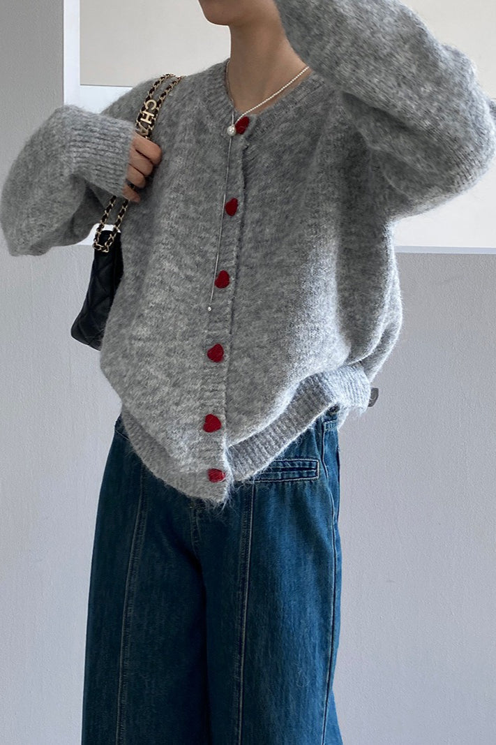 Oversized Heart Button Round Neck Cardigan