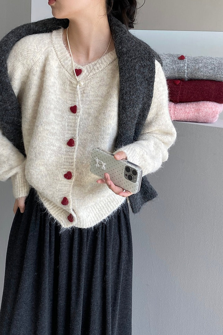 Oversized Heart Button Round Neck Cardigan
