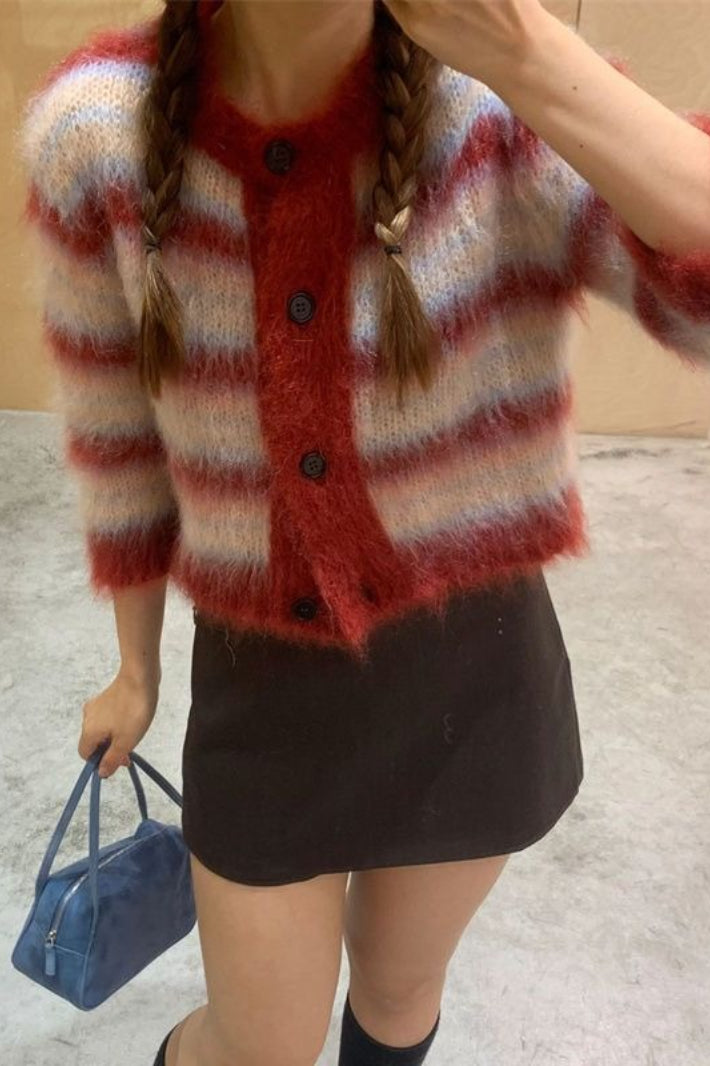 Striped Cropped Round Neck Cardigan