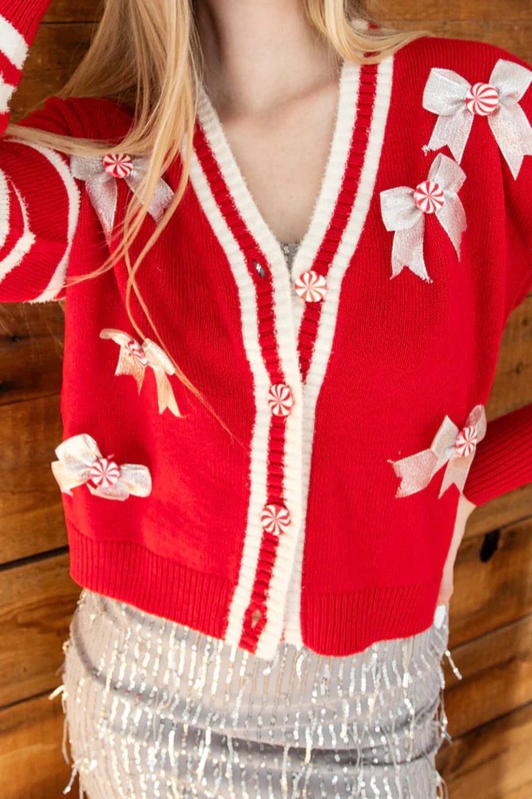 Sweet Bow V Neck Long Sleeve Cardigan