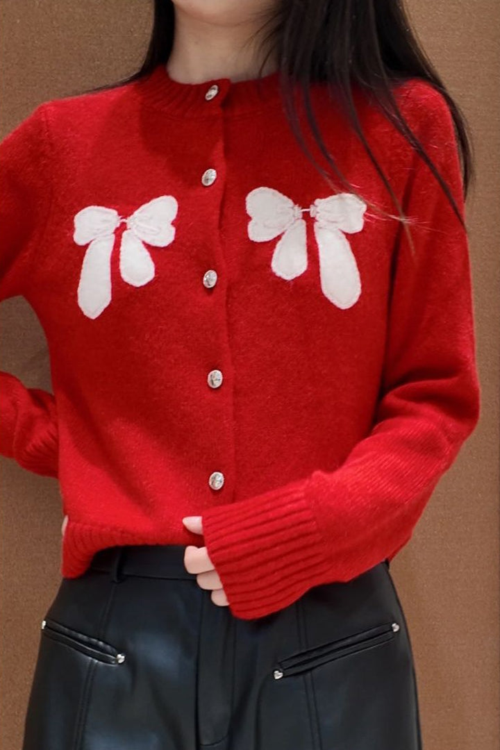 Bow Accent Red Knit Cardigan