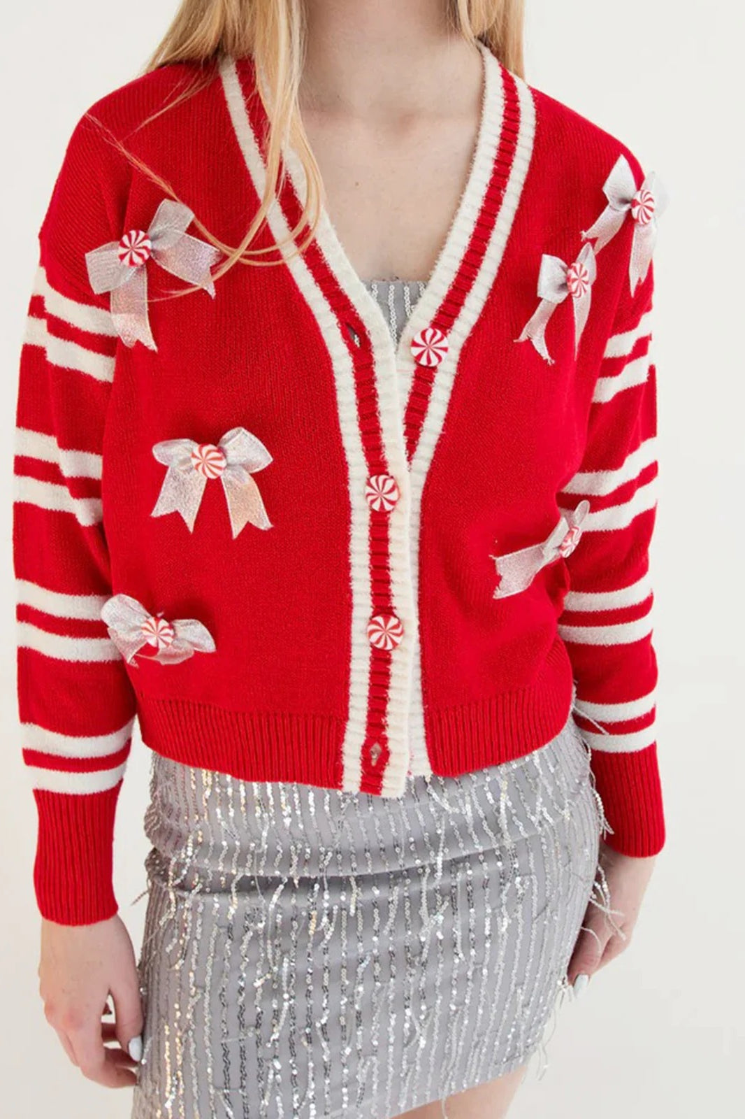 Sweet Bow V Neck Long Sleeve Cardigan
