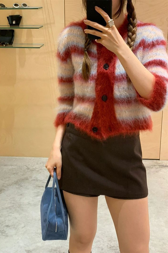 Striped Cropped Round Neck Cardigan