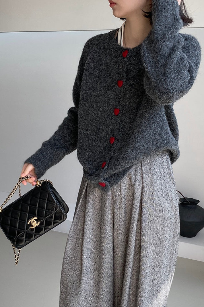 Oversized Heart Button Round Neck Cardigan