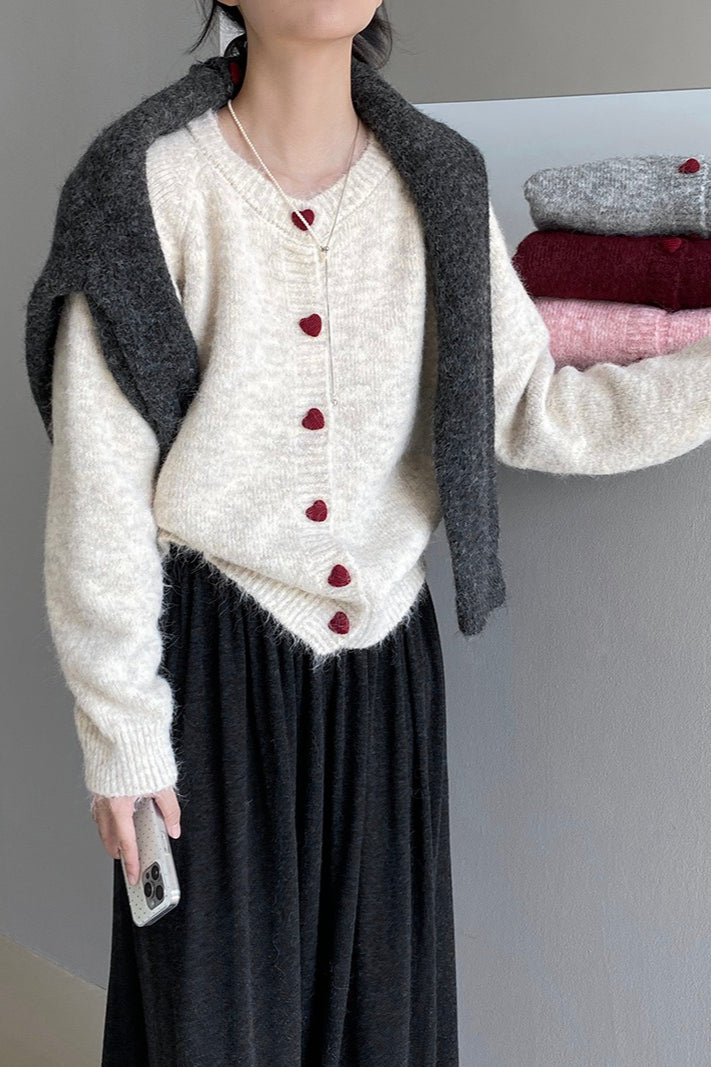Oversized Heart Button Round Neck Cardigan